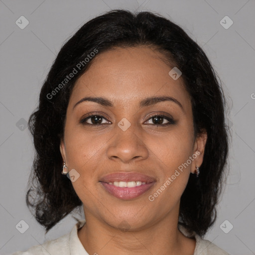 Joyful black young-adult female with medium  brown hair and brown eyes