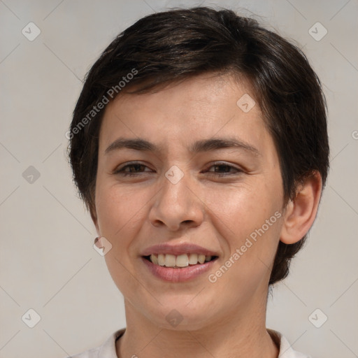 Joyful white young-adult female with short  brown hair and brown eyes