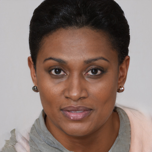 Joyful black young-adult female with short  brown hair and brown eyes