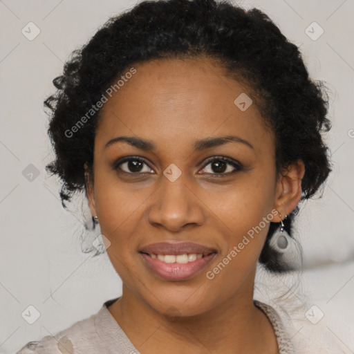 Joyful black young-adult female with medium  black hair and brown eyes