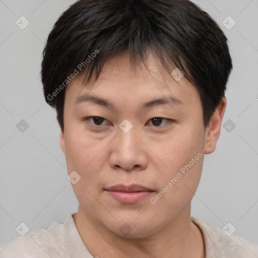 Joyful asian young-adult female with short  brown hair and brown eyes