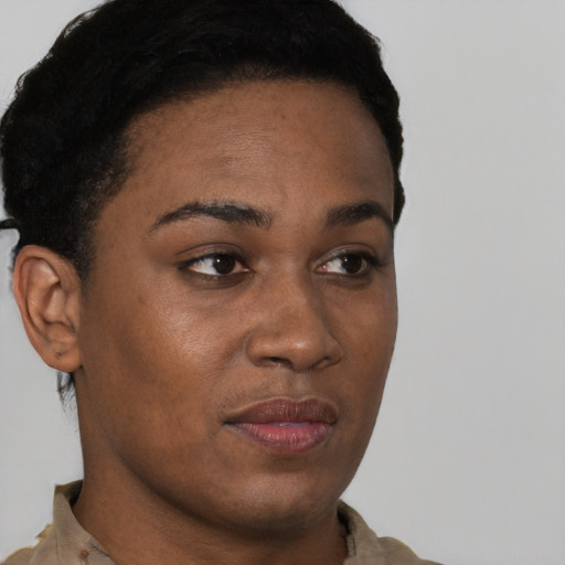 Joyful black young-adult female with short  brown hair and brown eyes