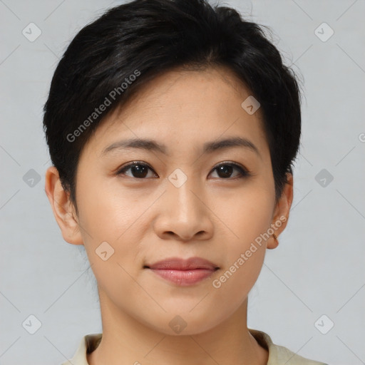 Joyful asian young-adult female with short  brown hair and brown eyes