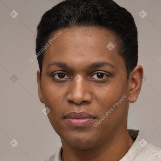 Neutral latino young-adult female with short  black hair and brown eyes