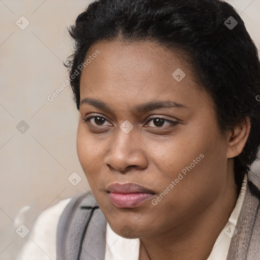 Joyful latino young-adult female with short  black hair and brown eyes