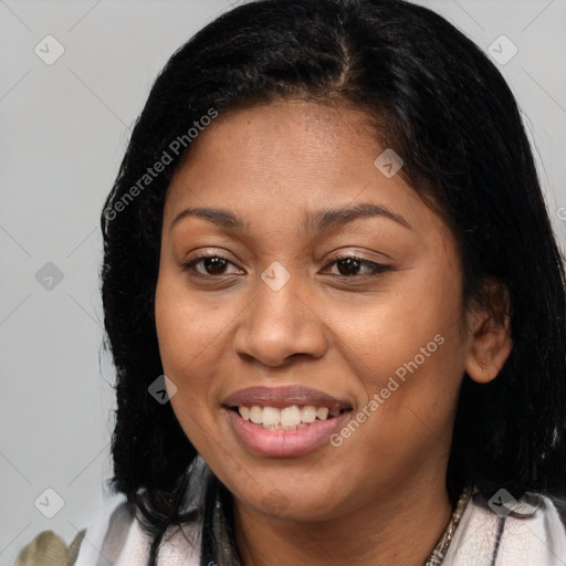 Joyful latino young-adult female with medium  brown hair and brown eyes