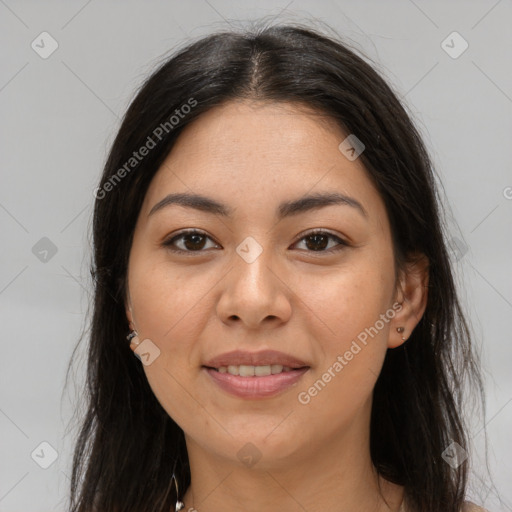 Joyful asian young-adult female with long  brown hair and brown eyes