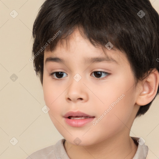 Joyful white child female with short  brown hair and brown eyes