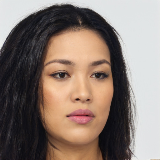 Neutral asian young-adult female with long  brown hair and brown eyes