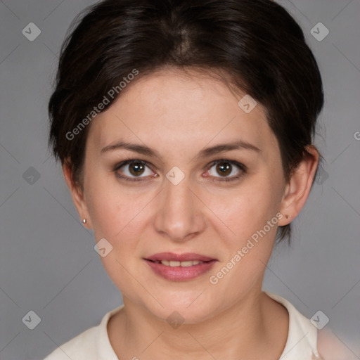 Joyful white young-adult female with medium  brown hair and brown eyes