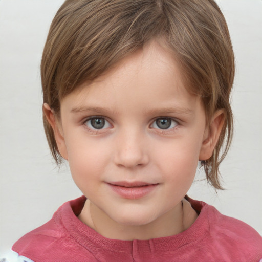 Joyful white child female with medium  brown hair and grey eyes