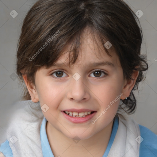 Joyful white child female with medium  brown hair and brown eyes