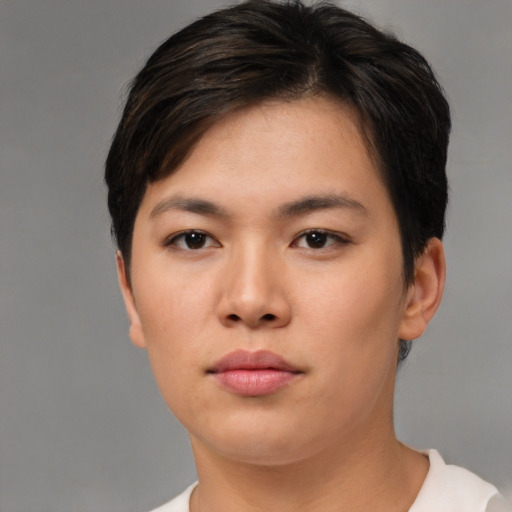 Neutral asian young-adult female with short  brown hair and brown eyes