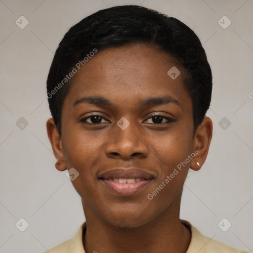 Joyful black young-adult female with short  black hair and brown eyes