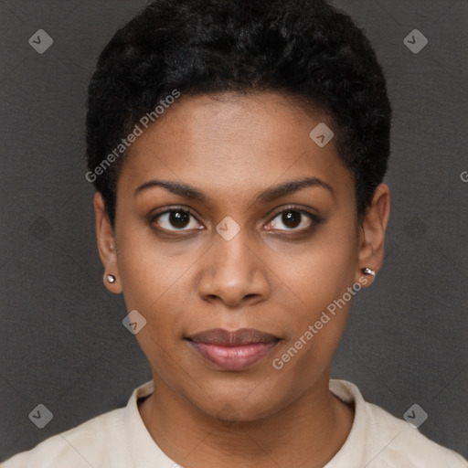 Neutral black young-adult female with short  black hair and brown eyes