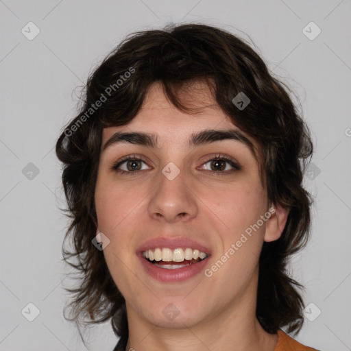 Joyful white young-adult female with medium  brown hair and green eyes