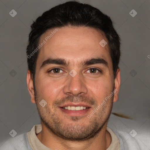 Joyful white young-adult male with short  brown hair and brown eyes