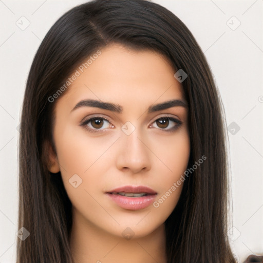 Neutral white young-adult female with long  brown hair and brown eyes