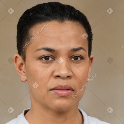 Joyful latino young-adult female with short  brown hair and brown eyes