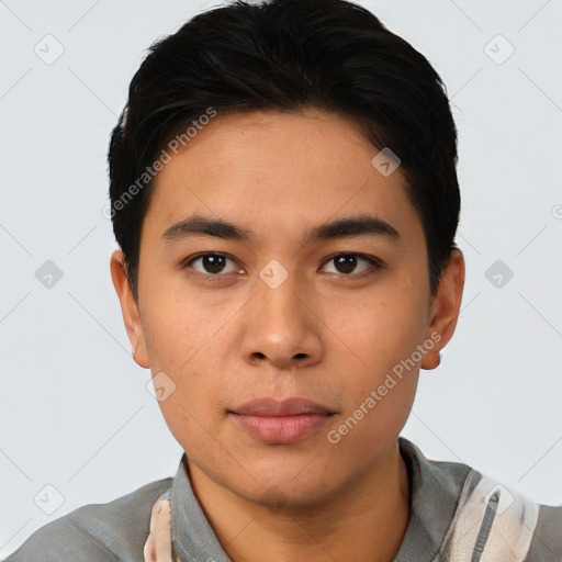 Neutral asian young-adult male with short  black hair and brown eyes