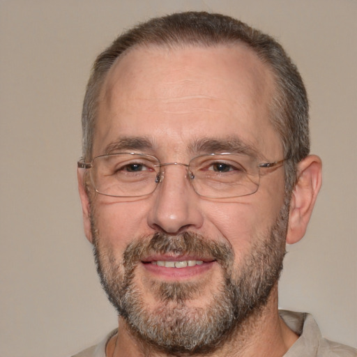 Joyful white middle-aged male with short  brown hair and brown eyes