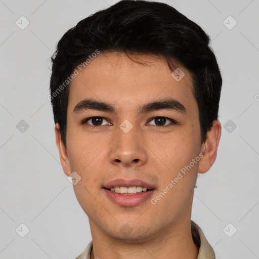 Joyful asian young-adult male with short  brown hair and brown eyes