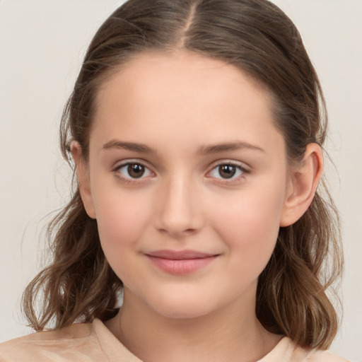 Joyful white child female with medium  brown hair and brown eyes