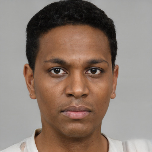 Neutral black young-adult male with short  black hair and brown eyes