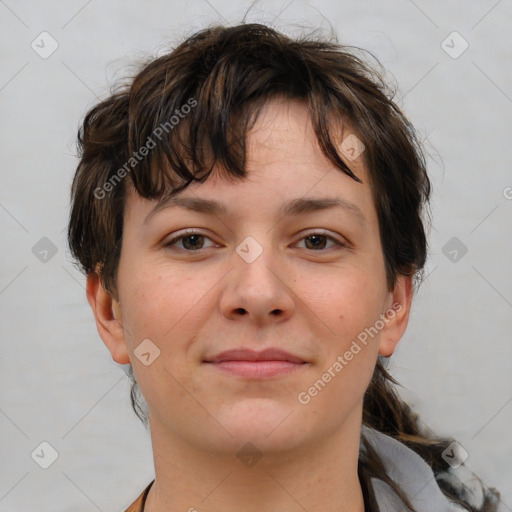 Neutral white young-adult female with short  brown hair and brown eyes