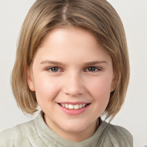 Joyful white child female with medium  brown hair and brown eyes