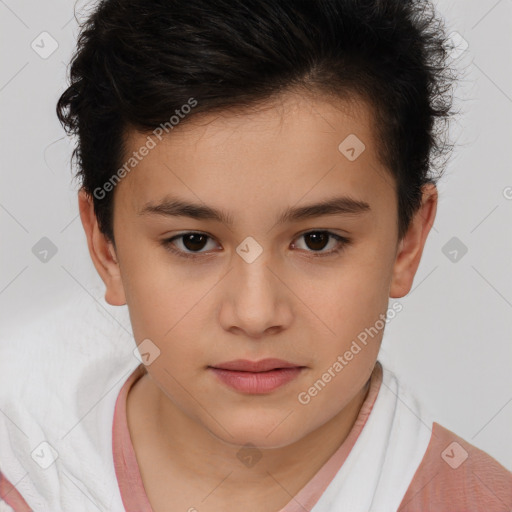 Joyful white child female with short  brown hair and brown eyes