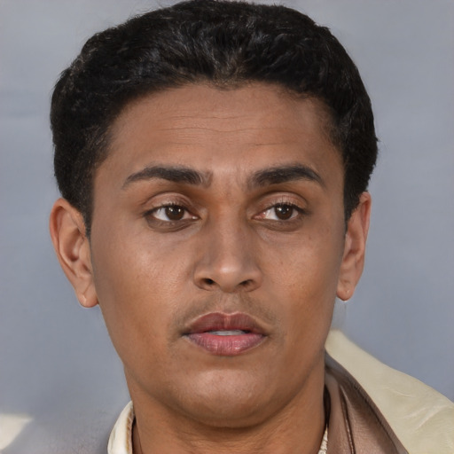 Joyful latino young-adult male with short  brown hair and brown eyes