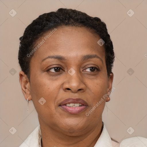 Joyful black adult female with short  brown hair and brown eyes