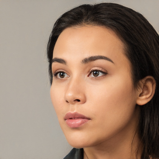 Neutral asian young-adult female with long  black hair and brown eyes