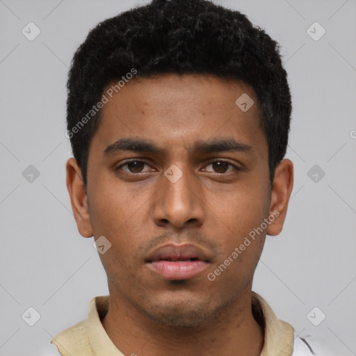 Neutral black young-adult male with short  black hair and brown eyes