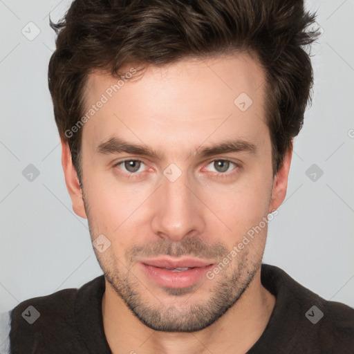 Neutral white young-adult male with short  brown hair and brown eyes