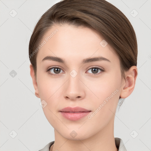 Neutral white young-adult female with short  brown hair and brown eyes