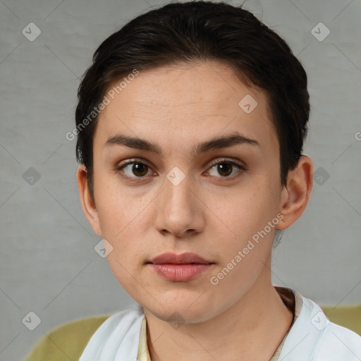 Neutral white young-adult female with short  brown hair and brown eyes