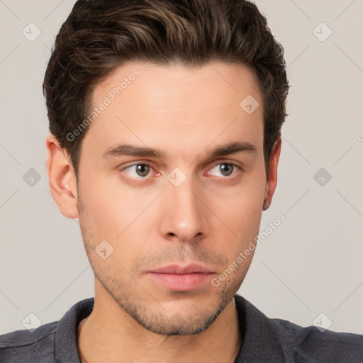 Neutral white young-adult male with short  brown hair and brown eyes