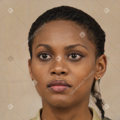 Neutral black young-adult female with short  brown hair and brown eyes