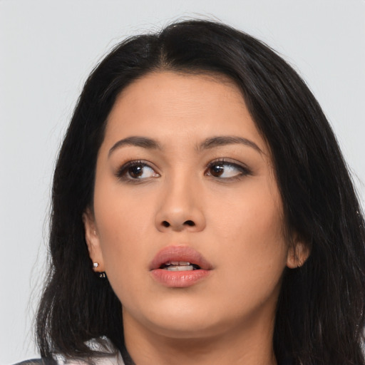 Neutral asian young-adult female with long  black hair and brown eyes