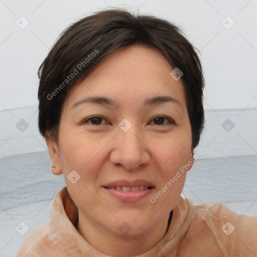 Joyful white adult female with short  brown hair and brown eyes