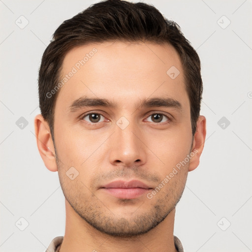 Neutral white young-adult male with short  brown hair and brown eyes