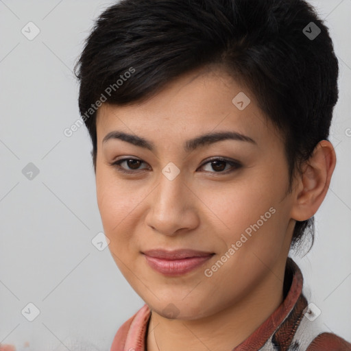 Joyful asian young-adult female with short  brown hair and brown eyes