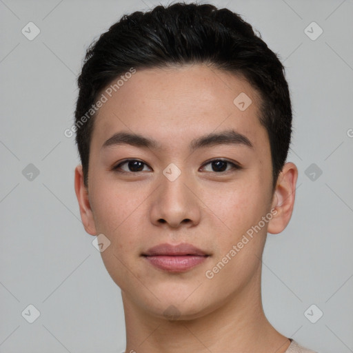 Neutral asian young-adult male with short  black hair and brown eyes