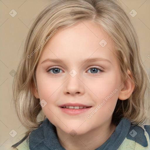 Joyful white child female with medium  brown hair and grey eyes