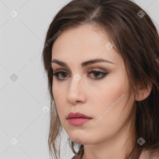 Neutral white young-adult female with medium  brown hair and brown eyes