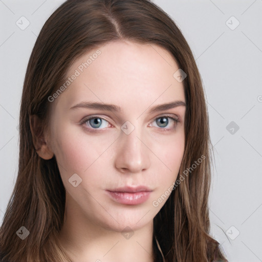 Neutral white young-adult female with long  brown hair and grey eyes