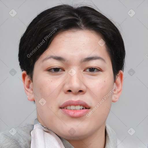 Joyful asian young-adult female with short  brown hair and brown eyes