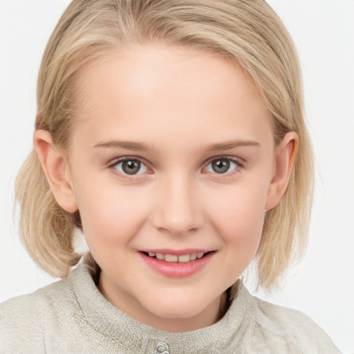 Joyful white child female with medium  brown hair and blue eyes